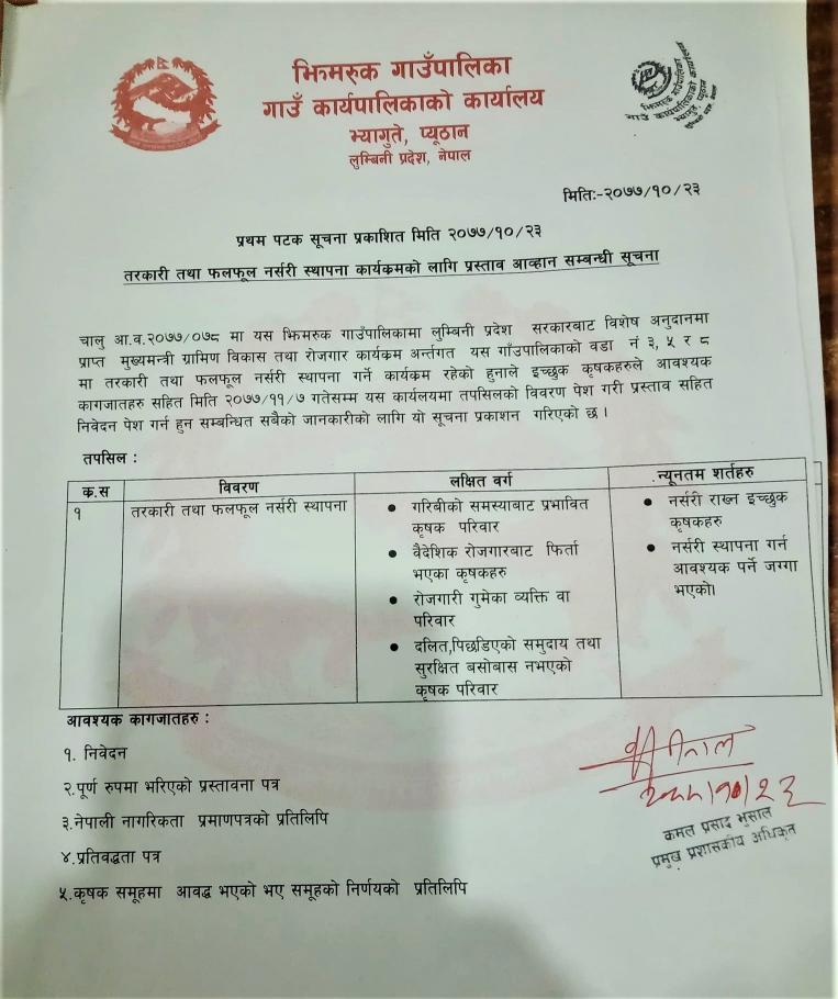 तरकारी तथा फलफूल नर्सरी स्थापना कार्यक्रमको लागि प्रास्ताव आव्हान सम्वन्धी सूचना