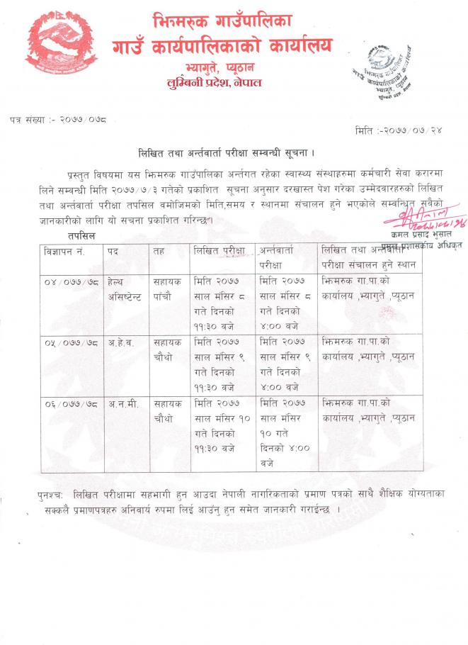 लिखित तथा अर्न्तवार्ता परीक्षा सम्वन्धी सूचना